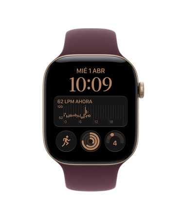 Apple Watch Series 12, app Frecuencia Cardiaca, íconos de apps Salud y Fitness, caja de aluminio, color oro claro,  correa deportiva, color borgoña