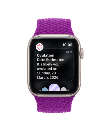 Apple Watch Series 12, hliníkové pouzdro, vesmírně šedá barva, oznámení s odhadem data ovulace, pletený navlékací řemínek, magentová barva
