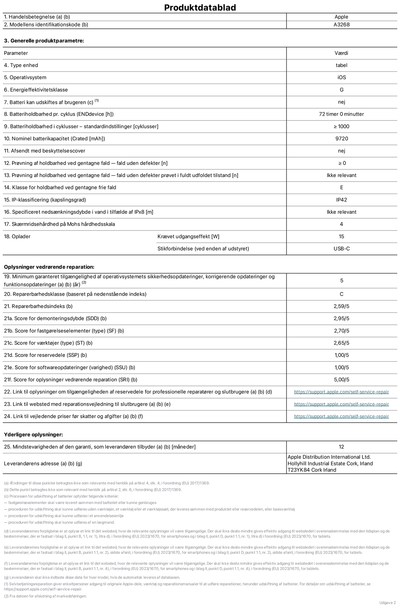 Produktdatablad til 13" iPad Air Wi-Fi. Model A3268. Leveret af Apple UK Ltd, 100 New Bridge Street, London EC4V 6JA. Enhedstype: tablet. Styresystem: iOS. Energieffektivitetsklasse for standard dynamikområde: G. Batterilevetid: 72 timer. Batterilevetid i cyklusser: ≥ 1000. Nominel batterikapacitet: 9720 mAh. Holdbarhedstest ved gentagne fald – fald uden defekt: ≥ 0. Holdbarhedsklasse ved gentagne fald: E. Kapslingsklasse: IP42. Skærmens ridsefasthed på Mohs' hårdhedsskala: 4. Påkrævet udgangseffekt for oplader: 15 W. Opladerstiktype: USB-C. Garanteret minimumsperiode for tilgængelighed af sikkerhedsopdateringer, fejlrettelser og funktionsopdateringer til styresystemet: 5 år. Reparerbarhedsklasse: C. Reparationsindeks: 2,59/5. Antal point for demonteringsdybde: 2,95/5. Antal point for fastgørelseselementer (type): 2,70/5. Antal point for værktøj: 2,65/5. Antal point for reservedele: 1,00/5. Antal point for softwareopdateringer: 1,00/5. Antal point for softwareopdateringer: 1,00/5. Antal point for reparationsoplysninger: 5,00/5. Weblink til oplysninger om tilgængeligheden af reservedele for professionelle reparatører og slutbrugere: https://support.apple.com/self-service-repair. Weblink til vejledning i reparation for slutbrugere: https://support.apple.com/self-service-repair. Weblink til vejledende priser før skatter og afgifter: https://support.apple.com/self-service-repair. Produktet er omfattet af 12 måneders garanti.