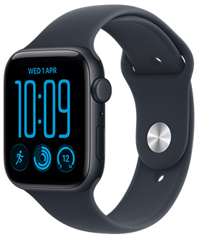 Apple Watch SE 3, aluminum case, midnight color, right side exterior, Digital Crown, microphone, side button, Sport Band, black color, pin-and-tuck closure (silver color pin)