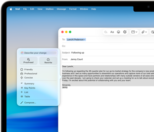 Ekran MacBooka Air prikazuje Apple Intelligence Alate za pisanje i sastavljanje e-maila