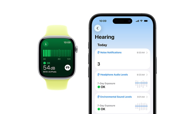 Apple Watch Series 10 fehér sportszíjjal, elölnézetben, a kijelzőjén zajjal kapcsolatos értesítés, melynek szövege a következő: Hangos környezet, a hangszintek elérték a 90 decibelt.