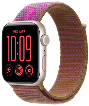 Apple Watch SE 3, Aluminium case, starlight colour, Flux watch face, right side exterior, Digital Crown, microphone, side button, Sport Loop band, bright guava colour (hot pink with lavender edging), hook-and-loop fastener