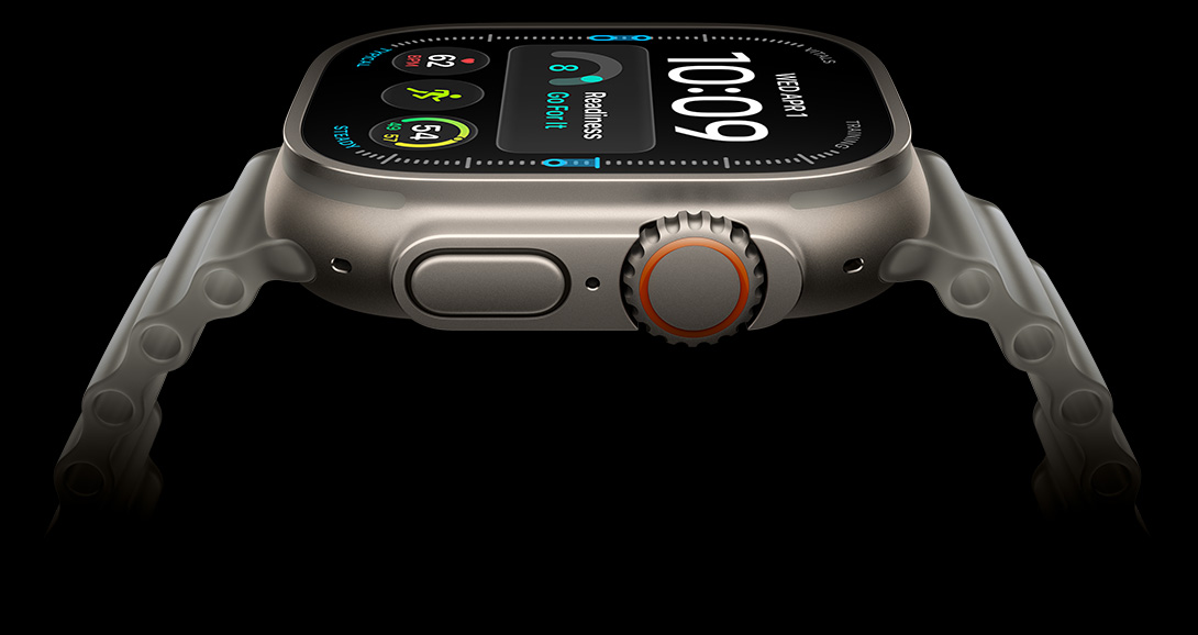Apple Watch Ultra 4, titanium case, silver color; screen shows digital time display, health and fitness metrics