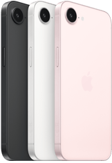 „iPhone 17e“, šoninė ir galinė  dalis, juodos spalvos, šoninė ir galinė dalis, baltos spalvos, šoninė ir galinė dalis, švelnios rožinės spalvos, „Fusion“ kamera viršuje, šoninis mygtukas