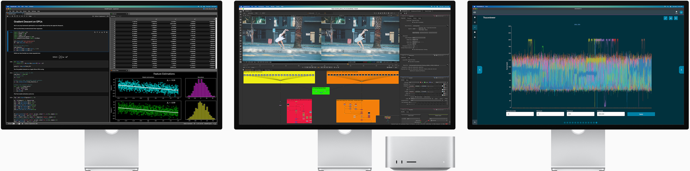 Mac Studio i trzy monitory Studio Display z różnymi aplikacjami widocznymi na ekranach