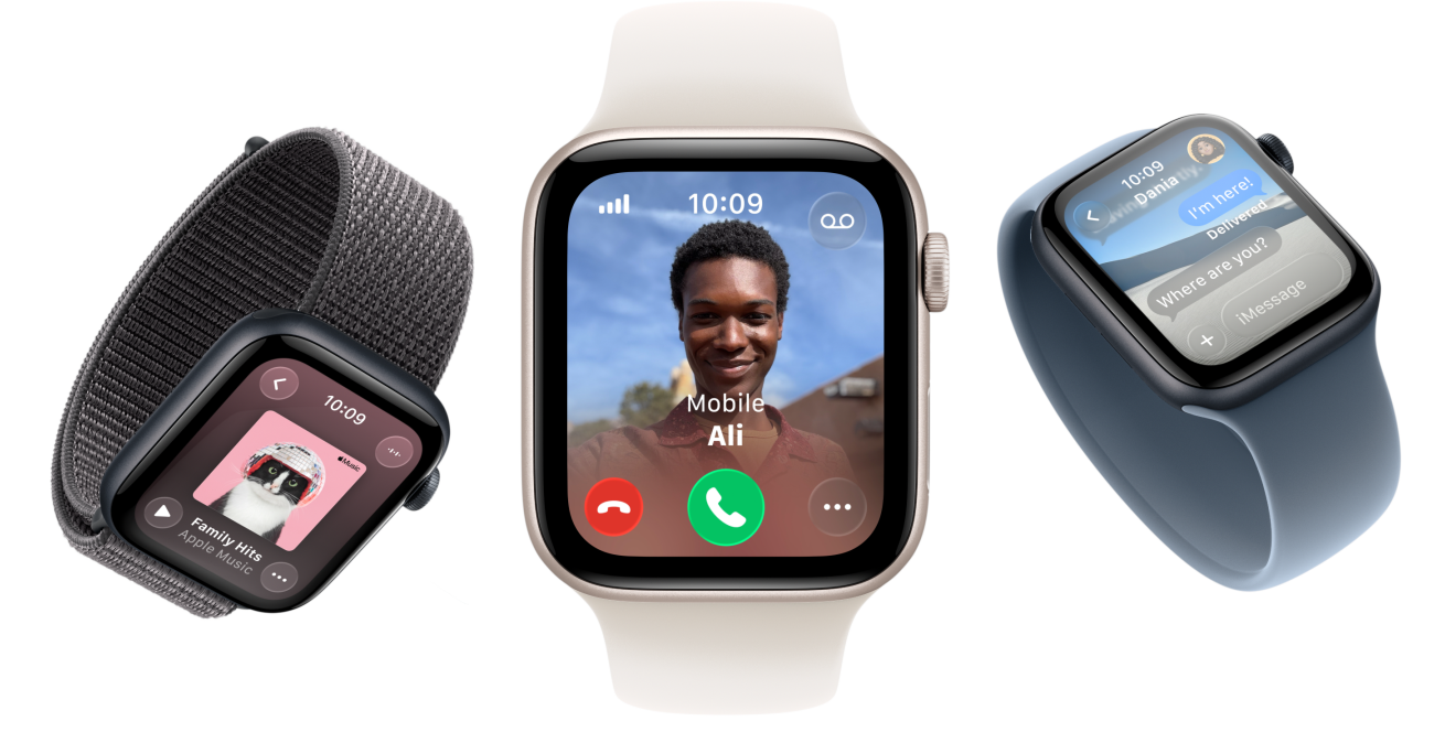 Dispozitive Apple Watch SE 3, carcase din aluminiu, culori Strălucire stelară și Miezul nopții, brățară Sport, culoare Gri închis, brățară Solo, culoare Ușoară îmbujorare, brățară Solo, culoare Albastru ancoră, ecrane: Apple Music, apel primit, Mesaje
