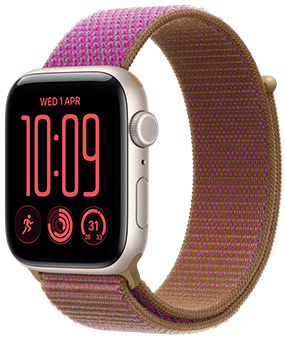 Apple Watch SE 3, aluminum case, starlight color, right side exterior, Digital Crown, microphone, side button, Sport Loop band, chambray blue color (light blue-gray), hook-and-loop fastener