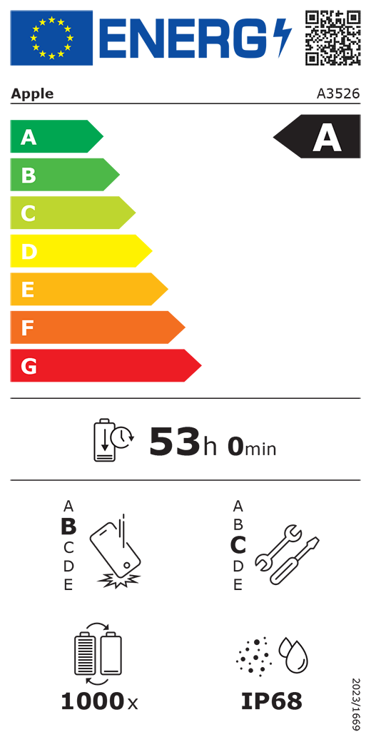 EU Energy Label QR code and information, Apple model A3526, class A, energy efficiency classes (with a scale from A to G), A (most efficient) to G (least efficient), battery endurance per cycle, 53 hours and 0 minutes per full battery charge, repeated free fall reliability class B, A (most robust) to E (least robust), repairability class C, A (most repairable) to E (least repairable), 1000 battery endurance in cycles, dust and water ingress protection (IP) rating IP68, regulation 2023/1669