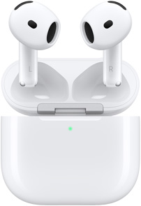 Un paio di AirPods 4 che fluttuano fuori dalla custodia di ricarica.