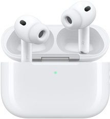 „AirPods Pro 3“ ir „MagSafe“ įkrovimo dėklas (USB‑C), apvalus dėklo korpusas, LED maitinimo indikatorius, atidarytas dėklo dangtelis, balta spalva, belaidės ausinės su silikoniniais antgaliais, vidinėje dalyje yra raidės L ir R