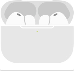 „AirPods Pro 3“ eskizas „MagSafe“ įkrovimo dėkle (USB‑C), apvalus dėklo išorinis paviršius, LED maitinimo indikatorius, atidarytas dėklo dangtelis, plotis coliais ir milimetrais