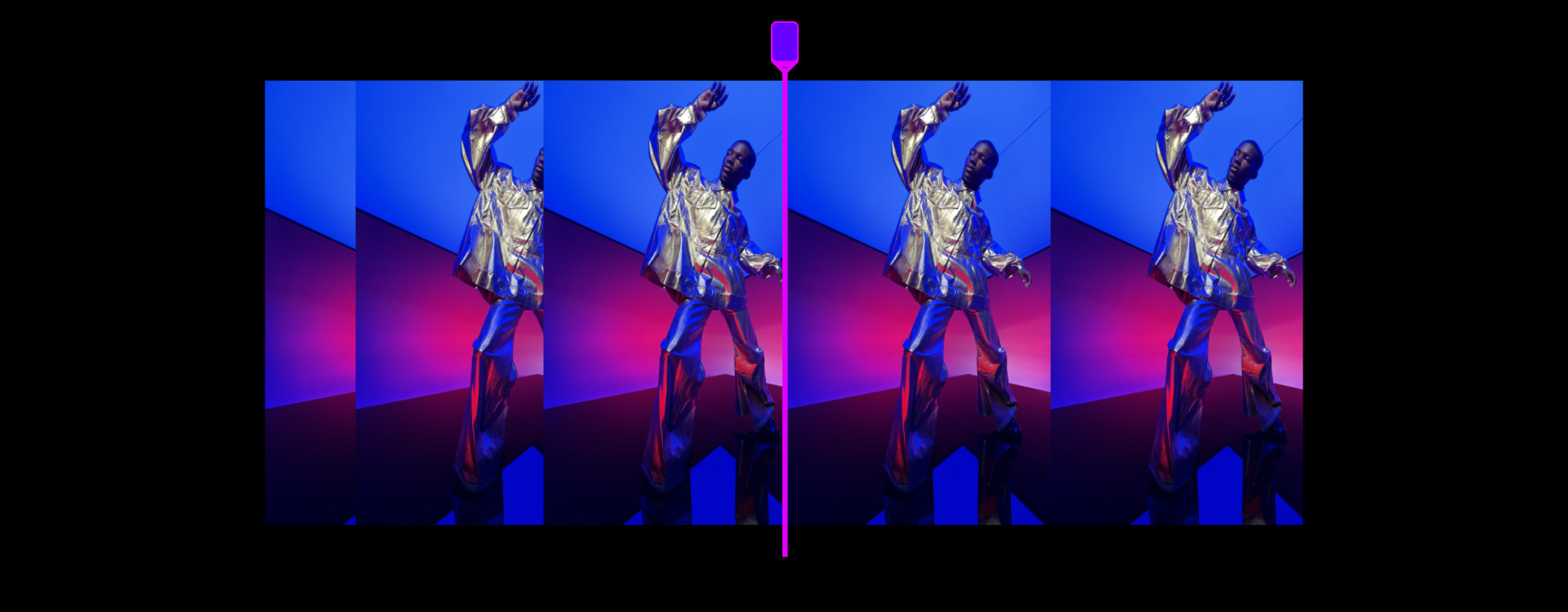 Línea de tiempo de video de una persona con un atuendo color plata frente a un fondo azul y magenta, controles para recortar de Final Cut Pro
