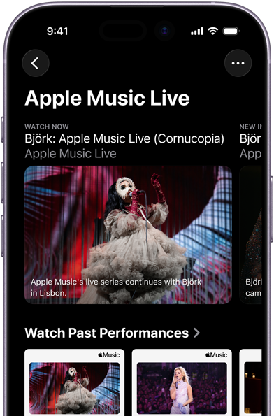 Apple Music Live-scherm op iPhone met Kijk Nu en eerdere optredens