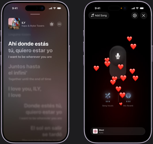 iPhone aan de linkerkant met de Apple Music Sing-modus op iPhone waarop ‘ILY’ van Kapo en Myke Towers wordt afgespeeld, iPhone aan de rechterkant met de Apple Music Sing-modus op iPhone met hart-emoji die uit de onderkant van het scherm komen, microfoonsymbool in het midden van het scherm, symbolen ‘Song Vocals’ en ‘Mic Reverb’ onderaan het scherm
