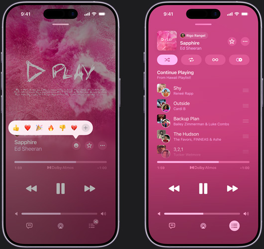 Links een iPhone waarop ‘Sapphire’ van Ed Sheeran wordt afgespeeld. Er verschijnt een reactie-emoji met opties om duim omhoog, hartje, feest of duim omlaag te geven, of een andere reactie toe te voegen. iPhone aan de rechterkant met een gezamenlijke playlist met meerdere nummers die door verschillende mensen zijn toegevoegd