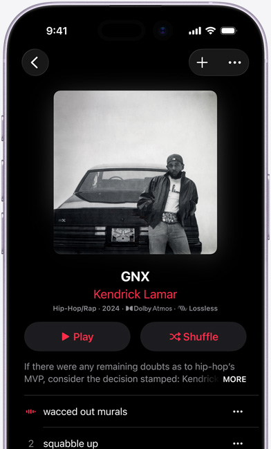 iPhone-scherm met het album ‘GNX’ van Kendrick Lamar in Apple Music