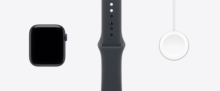 Apple Watch SE 3, carcasă din aluminiu, culoare Miezul nopții, exterior frontal, ecran de la o margine la alta, curea Sport de culoare Miezul nopții, Cablu USB-C cu suport magnetic de încărcare rapidă pentru Apple&nbsp;Watch