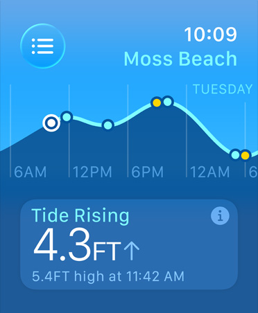 Gezeiten App, Messwerte: Ebbe und Flut, Hochwasser und Niedrigwasser, Liniendiagramm mit geschätzten Zeiten und Wasserständen