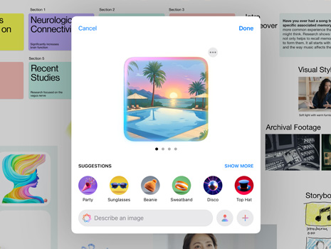L’interface utilisateur de l’expérience Image Playground affiche l’image d’une piscine avec des palmiers éclairée par les lumières d’un coucher de soleil et suggère des éléments à ajouter à cette image.