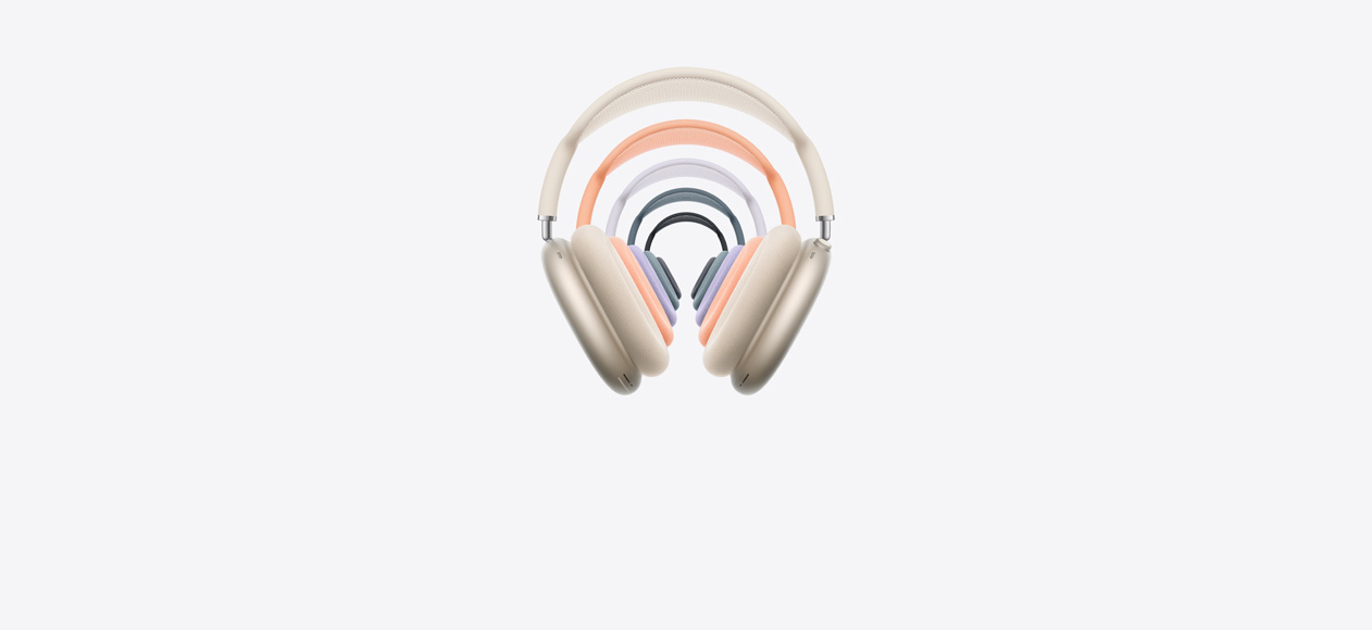 Ακουστικά κεφαλής AirPods Max 2, μπροστινή όψη, στοιβαγμένα, σε διάφορα χρώματα, καλύμμα με πλέγμα και μαξιλαράκια αφρού, digital crown και κουμπί λειτουργίας Ακρόασης.