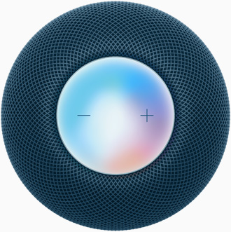 Blue HomePod mini from a top view with plus and minus volume controls and a colorful display under them.