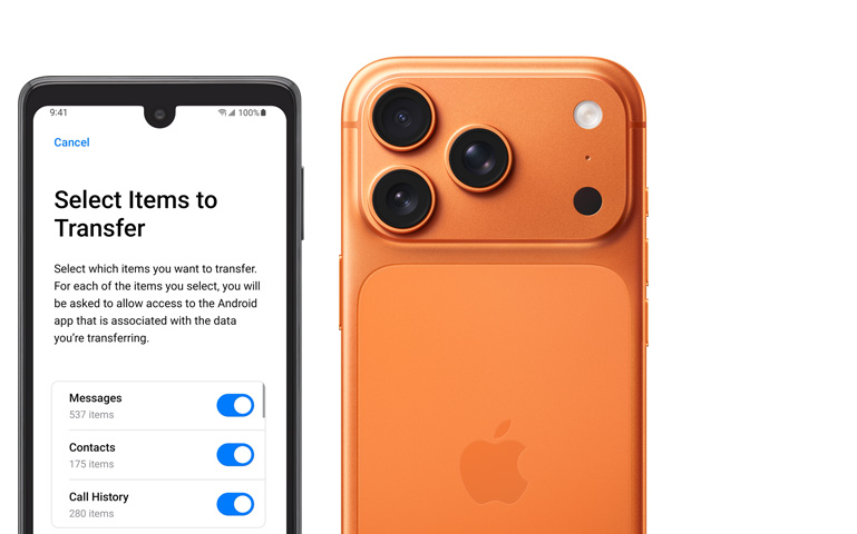 Côte à côte, écran Android affichant l’app Migrer vers iOS, iPhone 17 Pro, face arrière, système caméra Pro Fusion, 3 objectifs, micro, flash