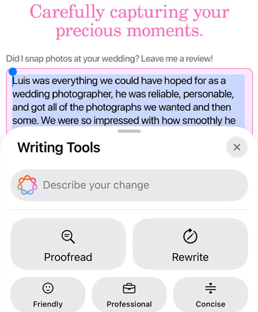 Writing Tools feature in use with options Proofread, Rewrite, Friendly, Professional and Concise