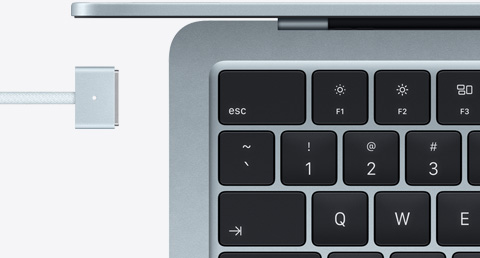 MacBook Air in Sky Blue color with color-matched MagSafe cable
